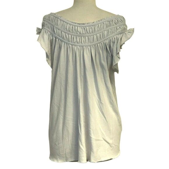 Free People Smocked Off Shoulder Ruffled Sleeve Top Sz M Lt. Blue Rayon Knit NEW - Picture 7 of 8